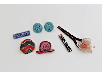 Group Of Handmade Earrings, Pins & Hair Clips  - Seven Pieces