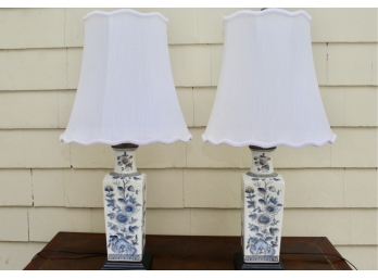 Pair Of Blue Floral Porcelain Lamps With Gold Gilt Trim
