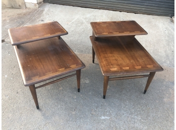 Pair Of Mid Century Lane Acclaim Step Side Tables With Bow Tie Wood Inlay