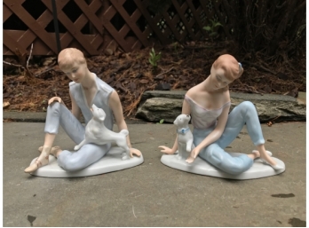 Wallendorf Porcelain Figurines - Two Figures Each With A Dog