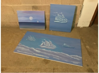 Three Oil On Canvas Fantasy Sailboat Paintings In Tones Of Blue