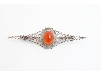 Vintage Filigree Bar Pin With Cabochon Amber Colored Center Glass Stone