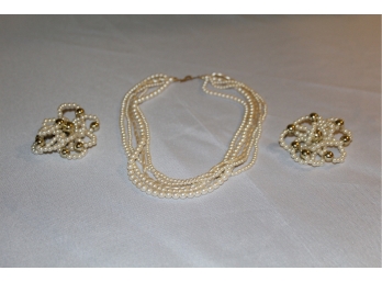 Faux Pearl Necklace And Earrings With Silvertone Embellishments