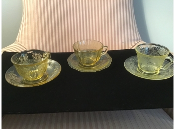 Mixed Lot Of Eight Yellow Depression Cups And Saucers