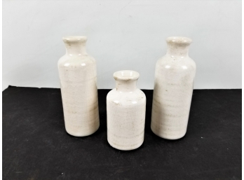 3  Distressed Crackled White Ceramic Vases
