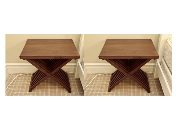 Set Of 2 Slatted X-Shaped Criss-Cross “Campaign” Base Side/End Table In Dark Brown Distressed Wood