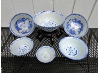 Group Of Six Antique Chinese Blue And White Bowls