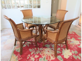 Bamboo And Rattan Glass Top Dining Table With Four Armchairs