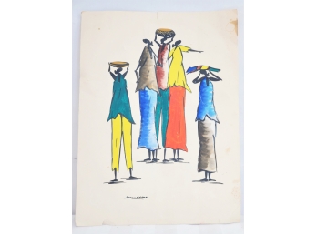 Vintage African Tribal Unframed, Signed Painting On Paper