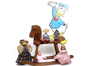 Wood Rocking Horse And Collectible Madame Alexander Dolls