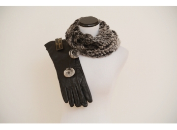 Italian Knitted Beaver Scrunch Scarf  With A Pair Mercer & Madison Leather Gloves