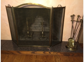 Brass Andirons, Folding Fireplace Screen And Fireplace Tools