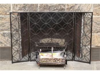 Black Mesh Metal Fireplace Screen And Log Holder