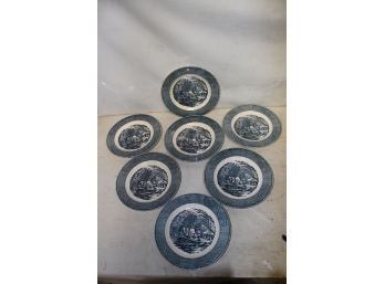 Seven Vintage Royal Ironstone Currier & Ives Old  Grist Mill 10' Blue Dinner Plates