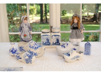 Blue And White Delft Collection Along With Two German Dolls