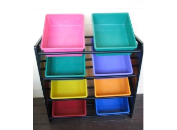 BLACK RACK Organizer For TOYS (or Whatever!) With Plastic Bins In Primary Colors.