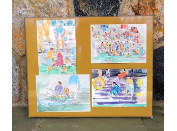 Four Elsie Ralph Watercolor's On Paper Framed In A Lucite Box Frame.