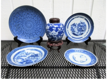 Group Of Five Vintage Asian Blue And White Ceramics