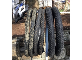Three Pair Of 26' Trail Bike Tires And Bell Slant Helmet