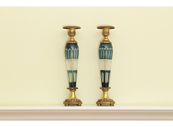 Pair Domain Crystal And Brass Candlesticks
