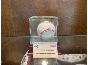 Whitey Ford Autographed Baseball In Glass Display Case With COA