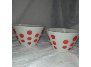 FireKing Oven Ware.  Large And Medium FireKing Polka Dot Mixing Bowls.  Large One Is Perfect.  Medium Has Been Repaired And So For Decorative Use Only.