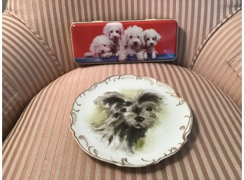 Thorne’s Tin Toffee Container And Bone China Plate Featuring Adorable Pups