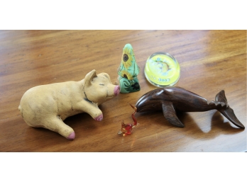5 Piece Paper Weight Set Pig, Nose, Wood Dolphin, Glass Fish And Glass Paperweight