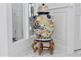 Humongous Chinese Cloisonne Ginger Jar On Wooden Pedestal