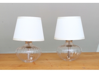 Two Cute Bulbous Form Glass Table Lamps With Shades