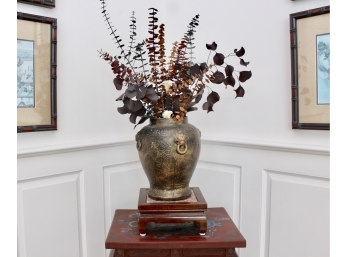 Eucalyptus Floral Arrangement In Gold Gilt Vase On Marble And Wood Pedestal Stand