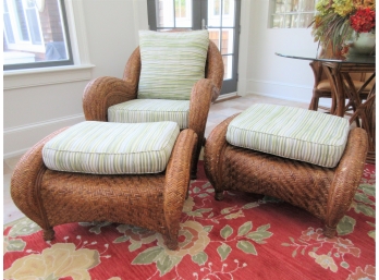 Pottery Barn Rattan Lounger With Two Ottomans