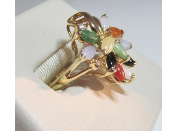 14K Gold Cabachon Cut Multi Color Stone Ring With Diamond Accents - 5 Grams - Size 7.75-8