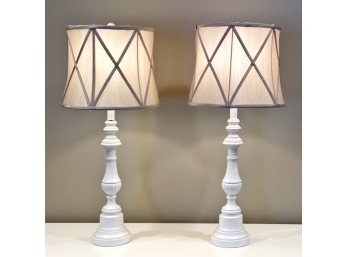 Pair Of White Table Lamps With Silk Shades