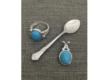 Sterling Silver Ring, Pendant And Spoon Pin