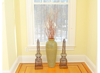 Ceramic Vase & Two Metal Topiaries By Domain