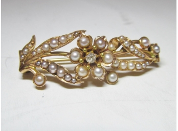 Victorian 14K Rose Gold Pearl And Mine Cut Diamond Floral Pin Brooch - 6 Grams