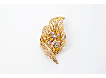Gold Toned Leaf Form Dress Pin Set With Colored Glass Stones