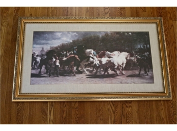 The Horse Fair Rosa Bonheur Print 60 X 36” In Heavily Carved Antique Gold Faux Gilded Frame