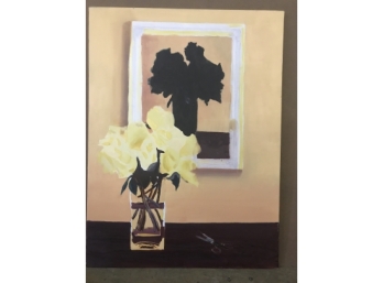 Large Still Life Oil On Canvas Of A Vase Of Flowers With Scissors In A Window