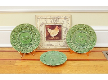 Three Bordallo Pinneiro Portugal Green Glazed Plates And A Framed Chicken Plaque