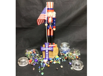 Uncle Sam Nutcracker And Large Collection Of Glass Marbles