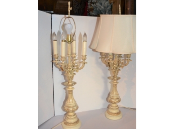 Pair Of Dramatic Vintage Heavy Cast Ornate Table Lamps