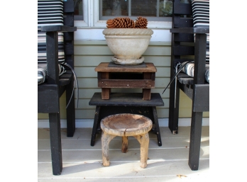 Group Of Painted Small Stools & Case Cement Planter