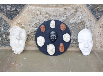 Two Plaster Masks & Plaque With Eight Small Faces