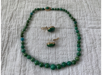Beautiful Green Stone Necklace With Earrings, Gold