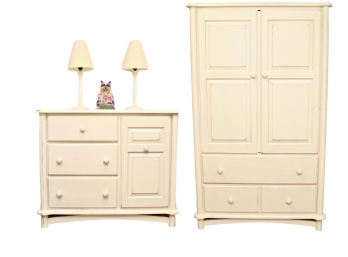 Set Of 4 Ragazzi Furniture Distressed White Dresser, Armoire And Lamps