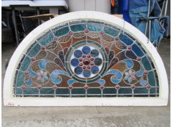 19th Century Transom Demi Lune Stained Glass, With Jewel Glass