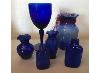 Blue Glass Items (Vases, Goblet & Two Cobalt Medicine Bottles)