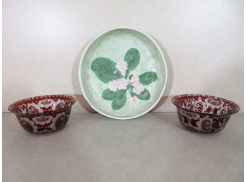 Pair Cut Engraved Antique Cranberry Glass Bowls + Salt Marsh Pottery Vessel